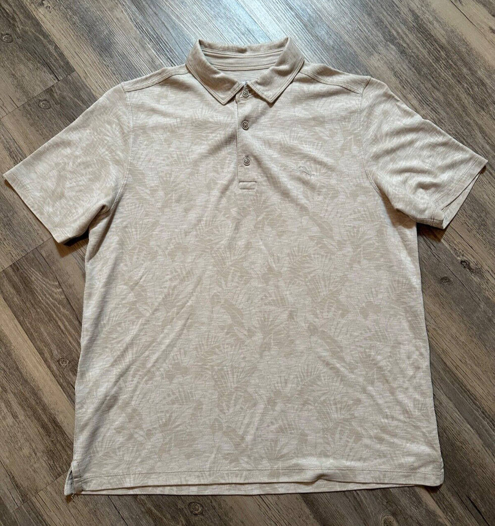 Tommy Bahama Polo Shirt Mens Large All Over Floral Palmetto Keys Beige READ